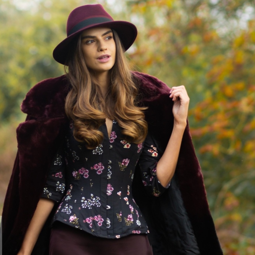 Black Floral Print Cotton Corset Shirt